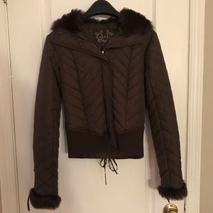 Brown fur trim puffer coat